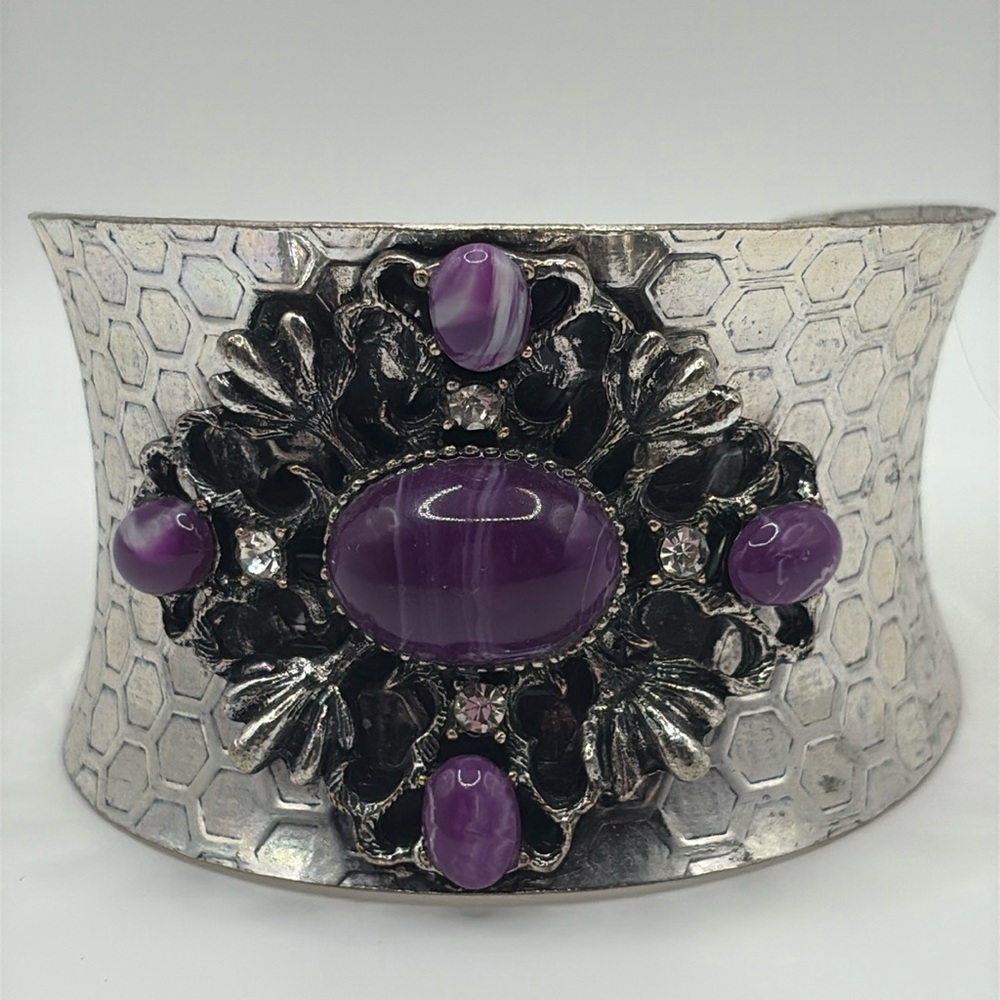 Silver and purple hammered Honeycomb Cuff bracelet size 6-9”